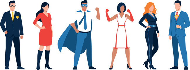 Diverse character illustration, superhero and professional figures, team empowerment concept, colorful standing poses, cartoon group design, leadership and identity artwork, modern avatar collection
