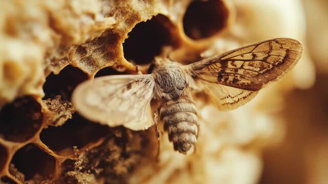 A close-up view of a bee on honeycomb, highlighting intricate details.