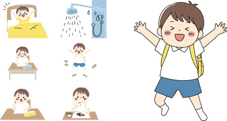 hild morning routine, cartoon sequence, daily activities, wake up, shower, breakfast, brushing teeth, school prep, backpack, cheerful character, hygiene habits