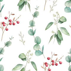 Watercolor seamless pattern. Vintage print with eucalyptus branches. Hand drawn illustration on white background.