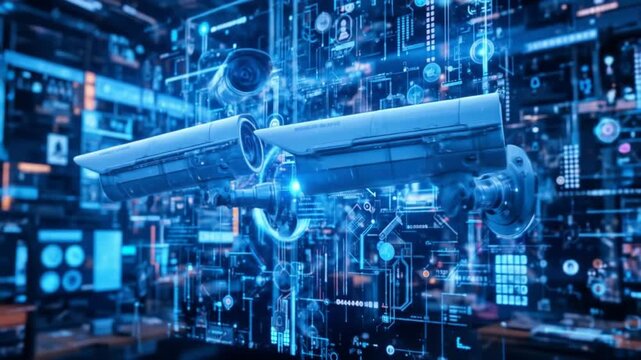 Digital CCTV cameras. Futuristic surveillance system technology concepts. Security and control. Holographic data elements. 4K video.