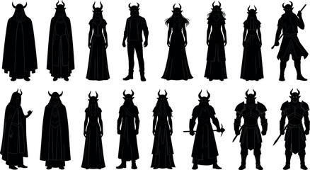 Fantasy character silhouette set, medieval warrior and sorcerer vector icons with horned helmets, robes, and weapons for game design or concept art themes