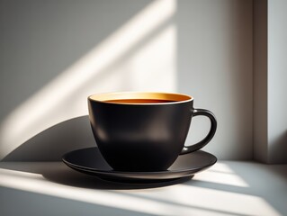A simple black coffee cup on a saucer sits bathed in morning sunlight creating beautiful shadows against a clean white wall background.
