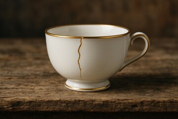 Latvia, Kandava, 2025-08-23, Latvijas kauss An elegant white porcelain teacup with a gold rim, featuring a subtle crack on its side, rests on a rustic wooden surface