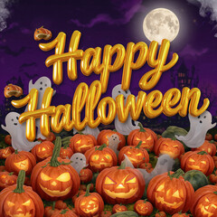 Happy Halloween Background with Pumpkins and Decorations
