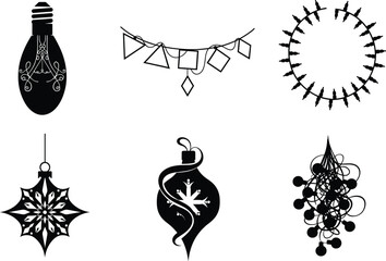 Black Christmas ornament vector, festive light silhouette, holiday decoration design, winter bulb set, seasonal banner, celebration illustration, decorative icons