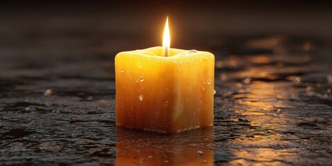 Square Yellow Candle Flickering by Water in Low Light