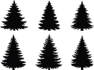 Obraz premium Black evergreen tree vector, pine silhouette set, winter forest design, holiday nature icons, seasonal decoration, conifer shapes, botanical illustration
