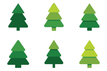 Six stylized green christmas trees set simple flat design holiday season decorations isolated on white background