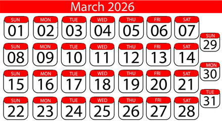 Clean, modern March 2026 calendar grid design for professional planning and project management needs