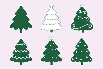 Collection of six festive christmas tree graphics for holiday decorations and design projects isolated on white background