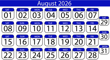 Plan ahead with the August 2026 calendar, schedule appointments, track deadlines, organize events, and never miss an important date in your life