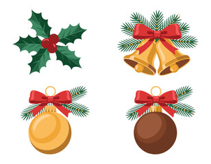Festive christmas ornaments holly bells and baubles for holiday decorations isolated on white background
