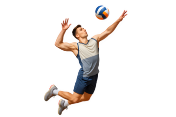 Male volleyball player jumping midair performing smash in blue sports uniform isolated on transparent background PNG