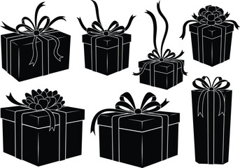 Black gift box silhouettes, ribbon decorations, festive packaging, holiday presents, celebration icons, vector illustration, elegant wrap, monochrome design elements