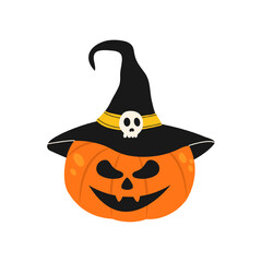 Spooky pumpkin in a hat isolated. Vector Halloween illustration.