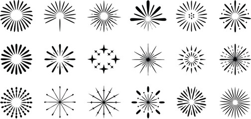 Obraz premium Sunburst and Firework Vector Shapes Set,Retro Starburst Elements Collection,hand drawn firework set,spark burst, star lights,twinkle, glitter,sunburst and starburst design elements,radial shapes,Ai
