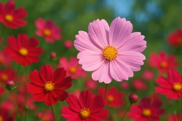 Obraz premium Latvia, Kandava, 2025-08-23, Latvijas kauss Pink cosmos flowers blooming amidst a sea of red ones, capturing the essence of springtime in full glory