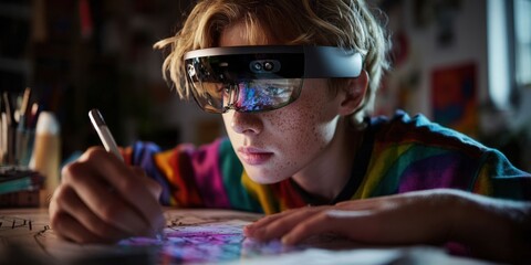 Student Using Augmented Reality Glasses for School Project