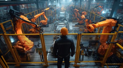 Operator oversees multiple robotic cells on an automated assembly line. Concept of Industry 4.0 monitoring, safety fencing, and high-throughput manufacturing.