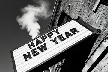Obraz premium Happy New Year sign with bold letters hanging from chains on a historic brick building with steam rising into a clear sky, captured in atmospheric black and white.