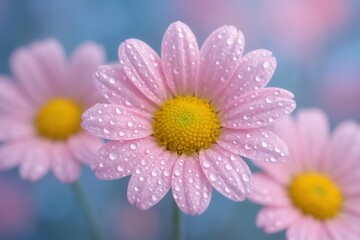 Obraz premium Latvia, Kandava, 2025-08-23, Latvijas kauss pink daisies with water droplets glisten in a soft blue-green backdrop, capturing the essence of tranquility and beauty
