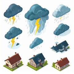 Severe Thunderstorm, Weather Effects, Residential Area, Illustration, Digital Art, Aerial View, Nature's Fury