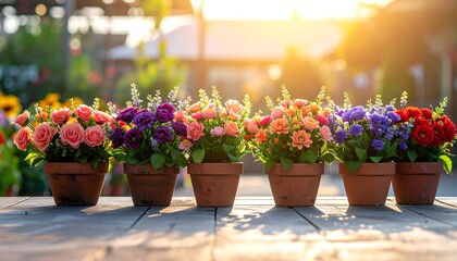 Rows of colorful potted flowers illuminated by warm golden sunlight
