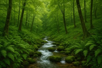 Obraz premium Latvia, Kandava, 2025-08-23, Latvijas kauss A Serene Forest Stream Flows Through a Lush Green Landscape