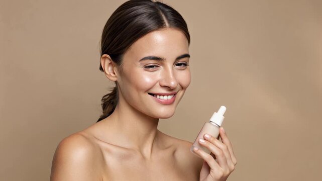 A woman smiling while holding a skincare serum bottle.