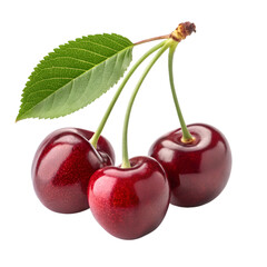 Three Ripe Red Cherries with Green Leaf and Stems on Black cherry fruit