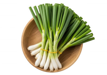 Green onions in wooden bowl isolated on a transparent background
