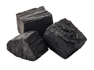 Three rough charcoal chunks with textured surfaces on black carbon dark