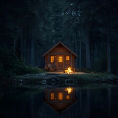 Obraz premium Hidden Cabin Escape in Nature, Tranquil Night at a Lakeside Cabin, Cozy Forest Getaway with Glowing Fire, Wilderness Cabin Under Tall Trees, Quiet Evening Haven by the Fire., 