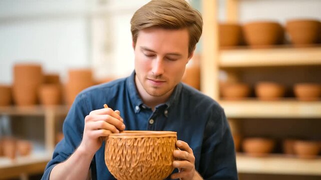 Caucasian man carving patterns into a clay pot on a pottery wheel hands precise surrounded by shelves of unfinished ceramics pottery pattern carving clay artistry ceramic work