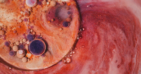 Paint bubbles. Oil background. Defocused purple orange color glitter acrylic blend liquid round flow shiny texture on art abstraction.