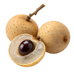 Three whole and one halved longan fruit with dark seed and translucent flesh tropical fruit