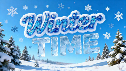 "Winter Time" festive 3D text crafted from snow and ice, adorned with delicate snowflakes and surrounded by snow-covered pine trees under a clear blue sky.