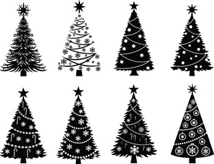 Collection of decorative Christmas tree silhouettes with stars, ornaments, snowflakes, and festive patterns for holiday celebration vector design illustration