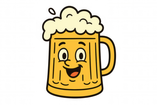 Happy beer mug character smiling with foam, celebrating drinks and good times, transparent background