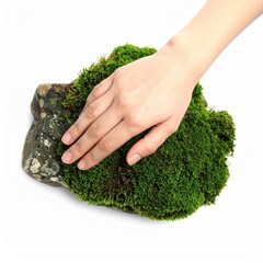 Hand Gently Placing Moss on Rock, Nature Scene, Indoor Environment, Still Life Photography, Tranquil Vibes