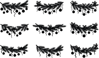 Collection of decorative Christmas garland silhouettes with pine branches, bows, ornaments, and ribbons for festive holiday vector design decoration.