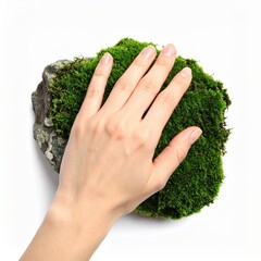Hand on Mossy Rock, Isolated on White Background, Still Posture with Petals, Tranquil Environment