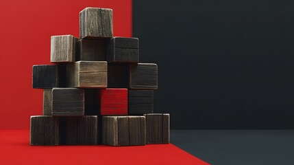 Conceptual pyramid stack of wooden cubes with unique red block over abstract backdrop