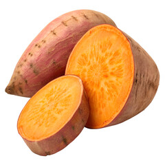 Two halves and one whole orange sweet potato on black background food vegetable