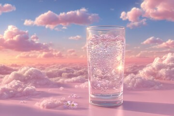 A refreshing glass of sparkling water on soft pink clouds, pastel sky.