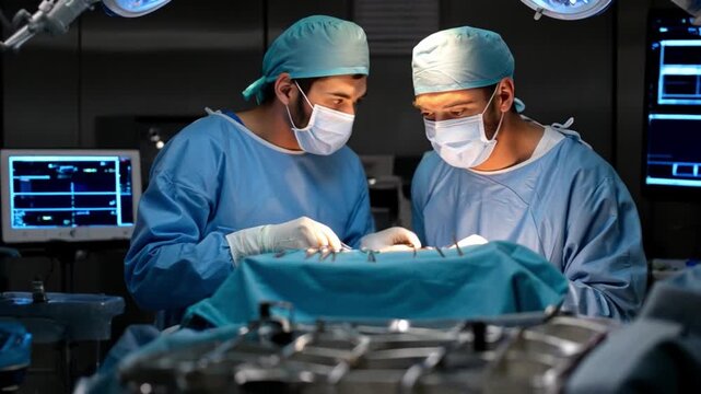 Surgeons performing a delicate operation in a surgical environment.