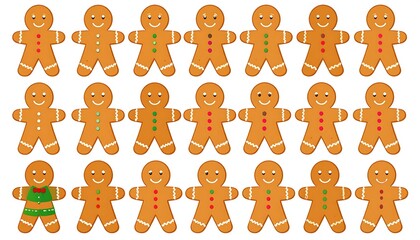 Rows of gingerbread men with buttons and smiles on white background