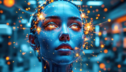 Close up of a Futuristic Ai Robots Face with Glowing Orange Eyes and Intricate Digital Network Overlay, Surrounded by Sparkling Energy Particles