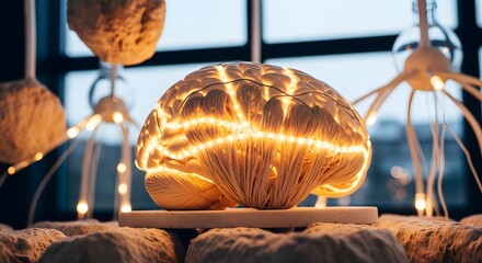 An abstract visualization of neurogenesis and the gut-brain axis, with a luminous brain model interwoven with fungal mycelium, symbolizing cognitive enhancement from nootropics.
